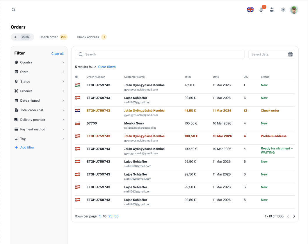 Orders list · call-center tracking